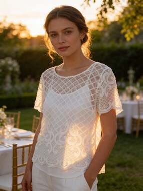 Essentials by ABS White Lace Geo-Mesh Short Sleeve Blouse with Camisole EUC Larg